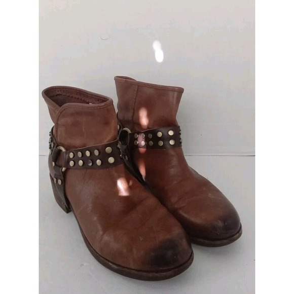 Leather Ankle Boots Studded Harness Brown Western Moto Biker Style - Picture 3 of 9